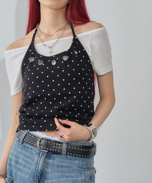 WHO'S WHO gallery(フーズフーギャラリー)の「ハトメホルターレイヤード半袖トップス(ドット/無地)(Tシャツ/カットソー・レディース・ブラック/ブラック系その他/グレー/ピンク/ネイビー/サックスブルー/グレー系その他・FREE)」の15枚目の写真