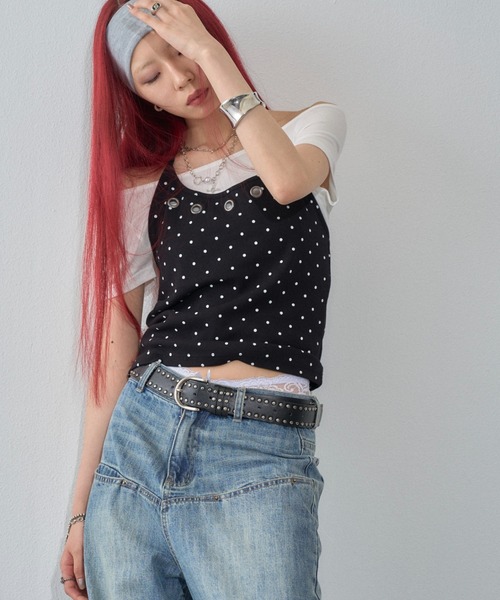 WHO'S WHO gallery(フーズフーギャラリー)の「ハトメホルターレイヤード半袖トップス(ドット/無地)(Tシャツ/カットソー・レディース・ブラック/ブラック系その他/グレー/ピンク/ネイビー/サックスブルー/グレー系その他・FREE)」の14枚目の写真