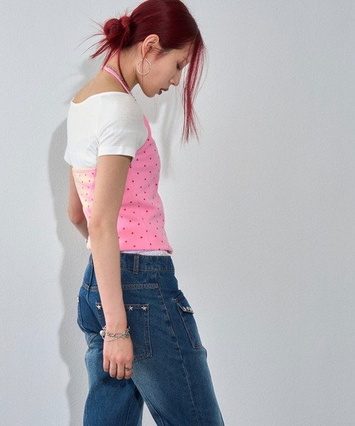 WHO'S WHO gallery(フーズフーギャラリー)の「ハトメホルターレイヤード半袖トップス(ドット/無地)(Tシャツ/カットソー・レディース・ブラック/ブラック系その他/グレー/ピンク/ネイビー/サックスブルー/グレー系その他・FREE)」の8枚目の写真