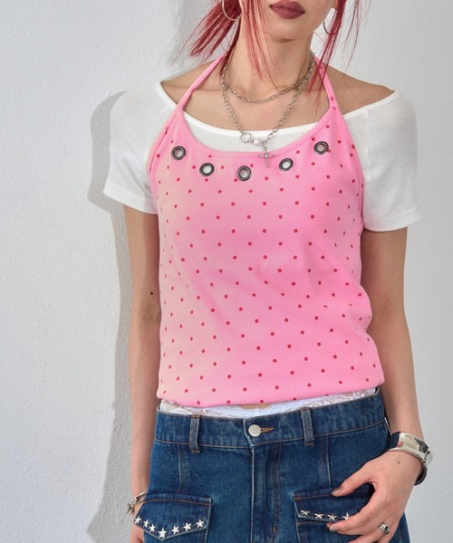 WHO'S WHO gallery(フーズフーギャラリー)の「ハトメホルターレイヤード半袖トップス(ドット/無地)(Tシャツ/カットソー・レディース・ブラック/ブラック系その他/グレー/ピンク/ネイビー/サックスブルー/グレー系その他・FREE)」の10枚目の写真