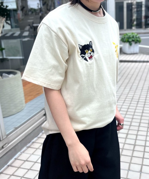 HOUSTON(ヒューストン)の「【HOUSTON】ヒューストン ウーマン EMBROIDERY TEE 猫 刺繍 半袖 TEE(Tシャツ/カットソー・レディース・ナチュラル/ライトピンク/ネイビー/ターコイズブルー・M/S)」の5枚目の写真