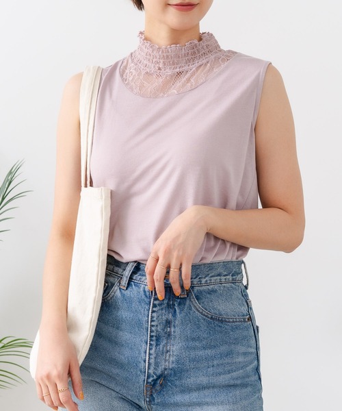 fort point(フォーポイント)の「【C-FORTPOINT/フォートポイント】【1枚で華やか レースインナー】ハイネックレース切替タンクトップ インナー チラ見せ 重ね着 立ち襟 華やか 上品 きれいめ(タンクトップ・レディース・ライトグレー/ブラック/ピンク/グリーン/アイボリー・FREE)」の5枚目の写真