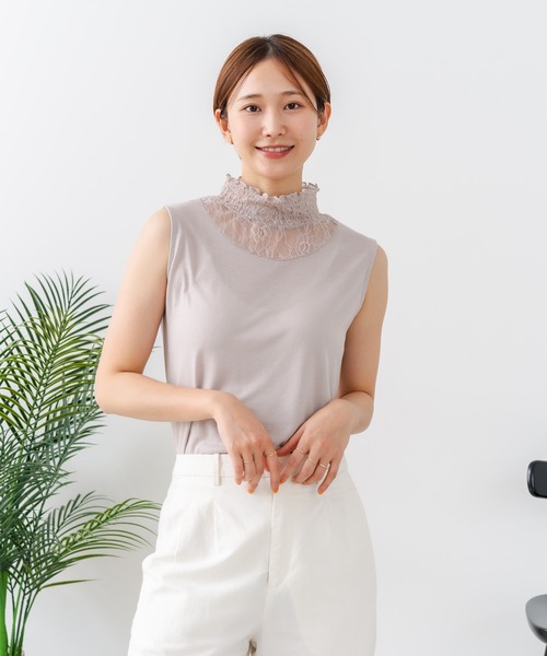 fort point(フォーポイント)の「【C-FORTPOINT/フォートポイント】【1枚で華やか レースインナー】ハイネックレース切替タンクトップ インナー チラ見せ 重ね着 立ち襟 華やか 上品 きれいめ(タンクトップ・レディース・ライトグレー/ブラック/ピンク/グリーン/アイボリー・FREE)」の14枚目の写真