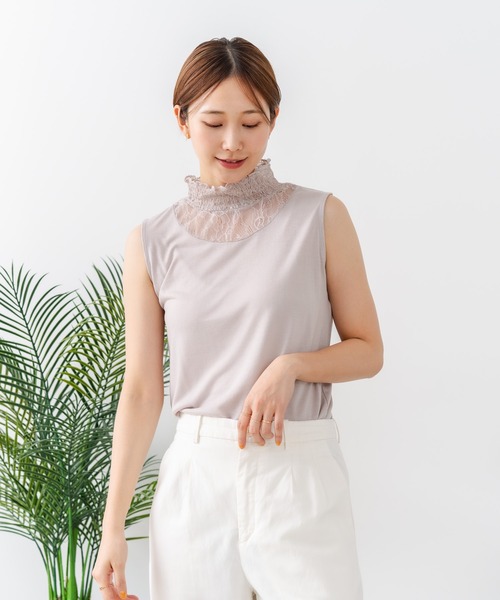 fort point(フォーポイント)の「【C-FORTPOINT/フォートポイント】【1枚で華やか レースインナー】ハイネックレース切替タンクトップ インナー チラ見せ 重ね着 立ち襟 華やか 上品 きれいめ(タンクトップ・レディース・ライトグレー/ブラック/ピンク/グリーン/アイボリー・FREE)」の15枚目の写真