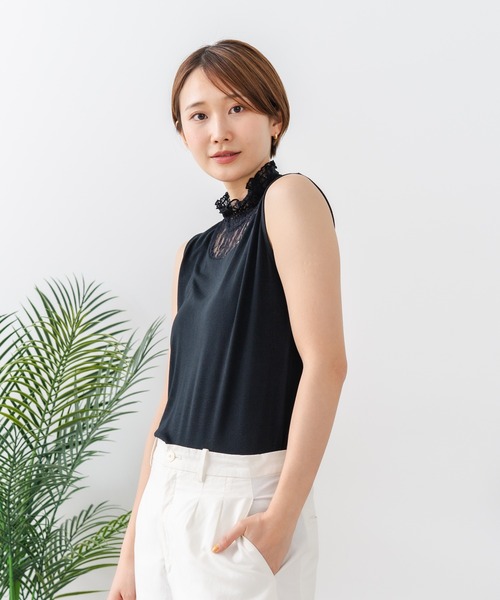 fort point(フォーポイント)の「【C-FORTPOINT/フォートポイント】【1枚で華やか レースインナー】ハイネックレース切替タンクトップ インナー チラ見せ 重ね着 立ち襟 華やか 上品 きれいめ(タンクトップ・レディース・ライトグレー/ブラック/ピンク/グリーン/アイボリー・FREE)」の6枚目の写真