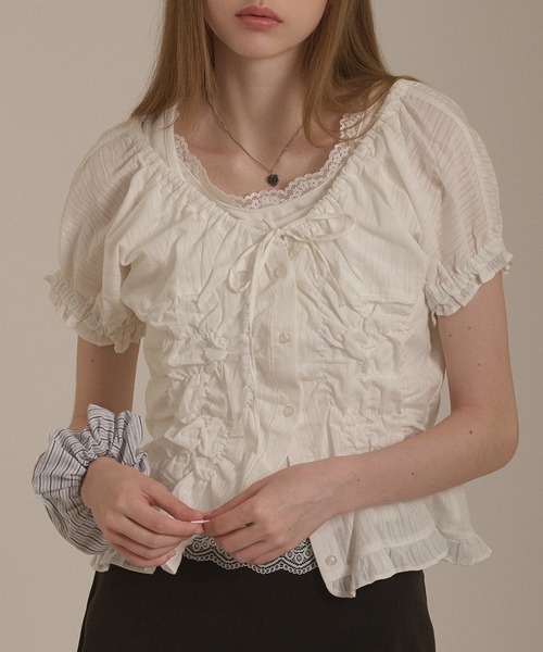 hazyl(ヘイジル)の「shirring 2way blouse / シャーリング2WAYブラウス(シャツ/ブラウス・レディース・ネイビー/オフホワイト/ピンク系その他・フリー)」の5枚目の写真