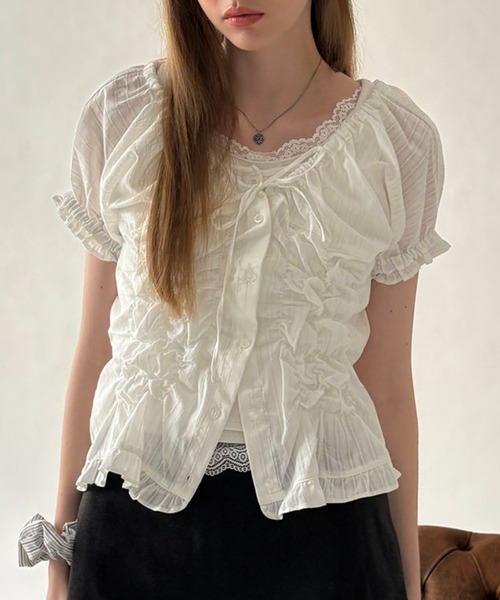 hazyl(ヘイジル)の「shirring 2way blouse / シャーリング2WAYブラウス(シャツ/ブラウス・レディース・ネイビー/オフホワイト/ピンク系その他・フリー)」の10枚目の写真