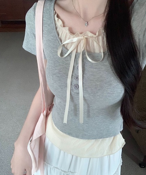 Nia（ニア）の「Nia(ニア)/リボン付きレイヤード風トップス（Tシャツ/カットソー・レディース・ピンク/ブラック/グレー/ブルー・SMALL/MEDIUM）」の14枚目の写真