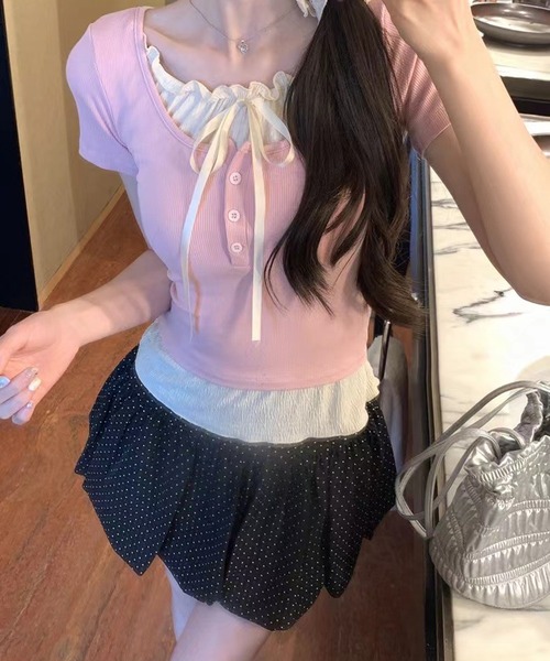 Nia（ニア）の「Nia(ニア)/リボン付きレイヤード風トップス（Tシャツ/カットソー・レディース・ピンク/ブラック/グレー/ブルー・SMALL/MEDIUM）」の8枚目の写真