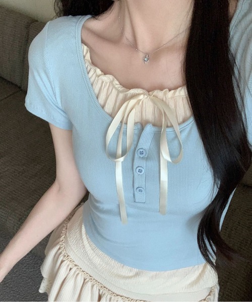 Nia（ニア）の「Nia(ニア)/リボン付きレイヤード風トップス（Tシャツ/カットソー・レディース・ピンク/ブラック/グレー/ブルー・SMALL/MEDIUM）」の5枚目の写真