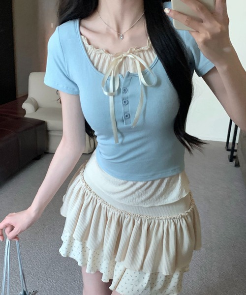 Nia（ニア）の「Nia(ニア)/リボン付きレイヤード風トップス（Tシャツ/カットソー・レディース・ピンク/ブラック/グレー/ブルー・SMALL/MEDIUM）」の6枚目の写真