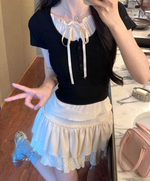 Nia（ニア）の「Nia(ニア)/リボン付きレイヤード風トップス（Tシャツ/カットソー・レディース・ピンク/ブラック/グレー/ブルー・SMALL/MEDIUM）」の10枚目の写真