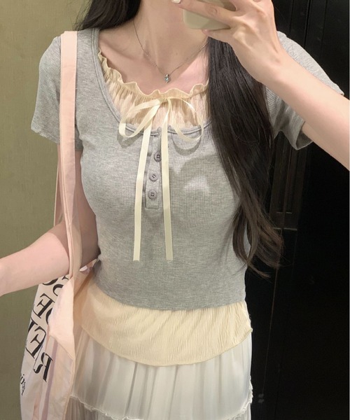 Nia（ニア）の「Nia(ニア)/リボン付きレイヤード風トップス（Tシャツ/カットソー・レディース・ピンク/ブラック/グレー/ブルー・SMALL/MEDIUM）」の12枚目の写真