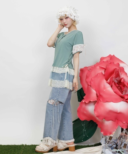 myu:loret(ミュウロレット)の「巻き薔薇付ロングプルオーバー(Tシャツ/カットソー・レディース・グレー/グリーン・FREE)」の3枚目の写真