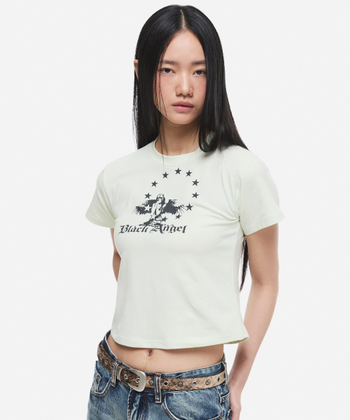 DNSR(ディーエヌエスアール)の「(W) ヴィンテージクロップハーフTシャツライム(Tシャツ/カットソー・レディース・その他・OS)」の2枚目の写真