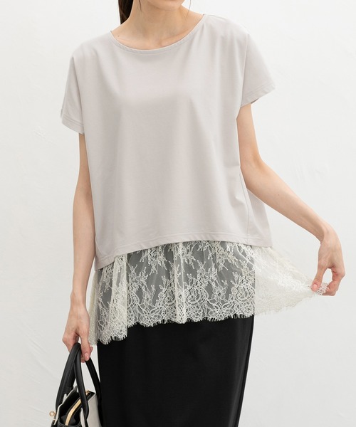 Honeys(ハニーズ)の「【ハニさら・接触冷感・UVカット】レースレイヤードトップス(Tシャツ/カットソー・レディース・ブラック/ブルー/オレンジ/グレイッシュベージュ・M/3L/S/L/LL)」の3枚目の写真