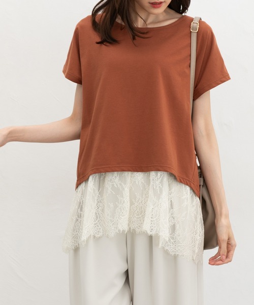 Honeys(ハニーズ)の「【ハニさら・接触冷感・UVカット】レースレイヤードトップス(Tシャツ/カットソー・レディース・ブラック/ブルー/オレンジ/グレイッシュベージュ・M/3L/S/L/LL)」の1枚目の写真