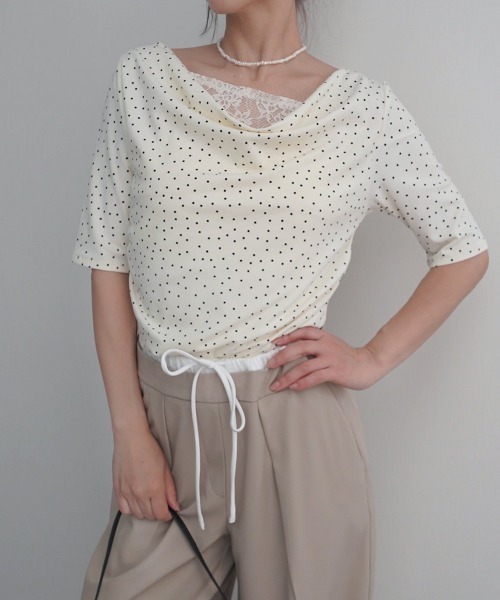 Rashik(ラシク)の「【Rashik】レースドッキングドットTシャツ 半袖 カットソー Tシャツ ポルカドット(Tシャツ/カットソー・レディース・ブラック/アイボリー・FREE)」の1枚目の写真
