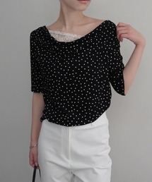 【Rashik】レースドッキングドットTシャツ 半袖 カットソー Tシャツ ポルカドット