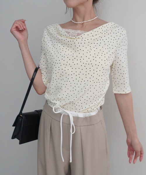 Rashik(ラシク)の「【Rashik】レースドッキングドットTシャツ 半袖 カットソー Tシャツ ポルカドット(Tシャツ/カットソー・レディース・ブラック/アイボリー・FREE)」の3枚目の写真