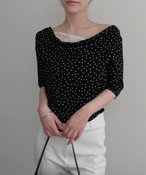 Rashik(ラシク)の「【Rashik】レースドッキングドットTシャツ 半袖 カットソー Tシャツ ポルカドット(Tシャツ/カットソー・レディース・ブラック/アイボリー・FREE)」の10枚目の写真