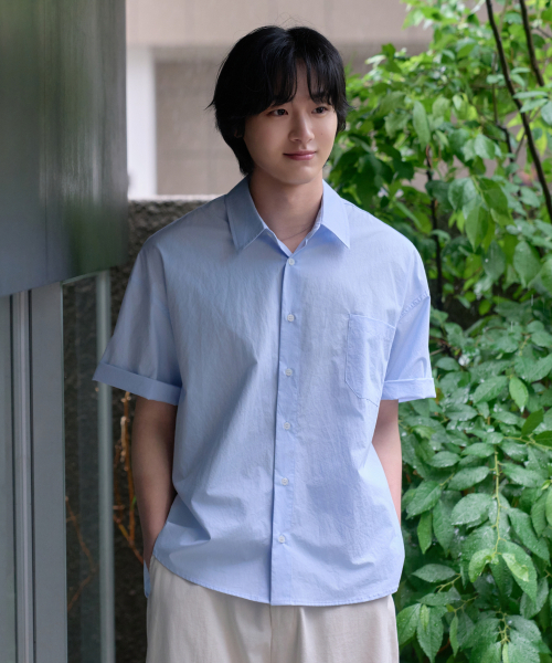 HYOJI（ヒョージ）の「26 SS セミクロップバイオウォッシュド[半袖]シャツ（4カラー）（シャツ/ブラウス・メンズ・ホワイト/スカイブルー/ネイビー/ブルー・L/XL/S/M）」の9枚目の写真