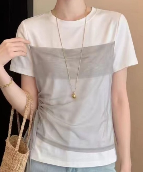 LETee(レティー)の「シフォンを重ねた旬デザインでこなれ感アップ!1枚で映えるドッキングTシャツ(Tシャツ/カットソー・レディース・ホワイト/ブラック・FREE)」の2枚目の写真