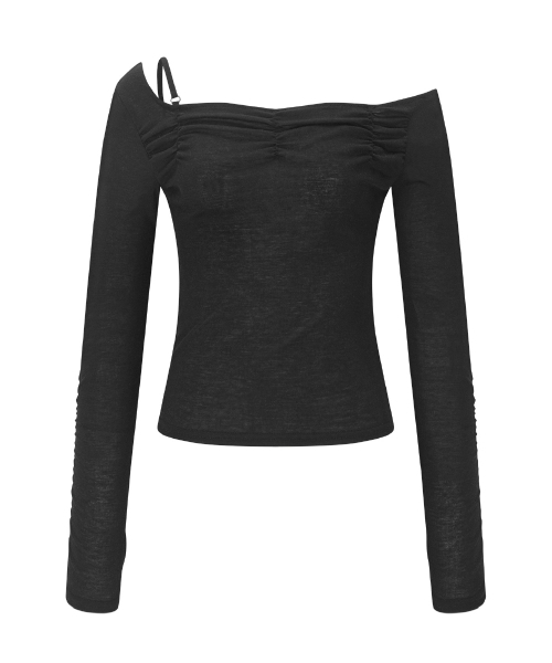 PLEASENOFOLLOW(プリーズノーフォロー)の「Halo Unbal Shirring Long Sleeve Top (Black)(Tシャツ/カットソー・レディース・その他・FREE)」の2枚目の写真