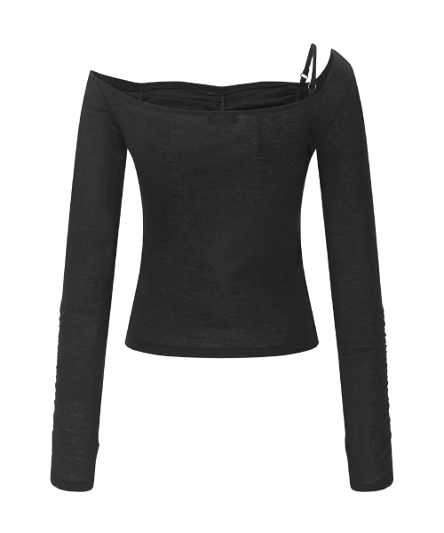 PLEASENOFOLLOW(プリーズノーフォロー)の「Halo Unbal Shirring Long Sleeve Top (Black)(Tシャツ/カットソー・レディース・その他・FREE)」の3枚目の写真