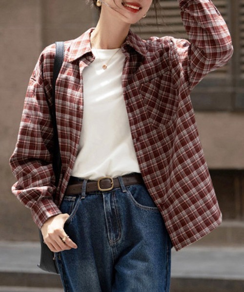 ONEP STAR(ワンピスター)の「チェック柄ベーシック長袖シャツ(シャツ/ブラウス・レディース・ワインレッド・MEDIUM/X-LARGE/LARGE)」の4枚目の写真
