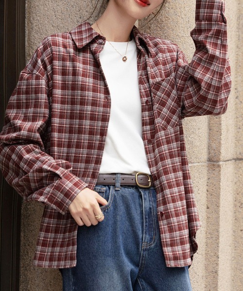 ONEP STAR(ワンピスター)の「チェック柄ベーシック長袖シャツ(シャツ/ブラウス・レディース・ワインレッド・MEDIUM/X-LARGE/LARGE)」の8枚目の写真