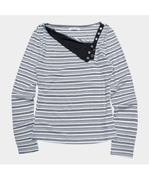 マルチストライプ 斜めアイレットディテール コットン ロングスリーブ ウィメンズ Tシャツ [ブラック]