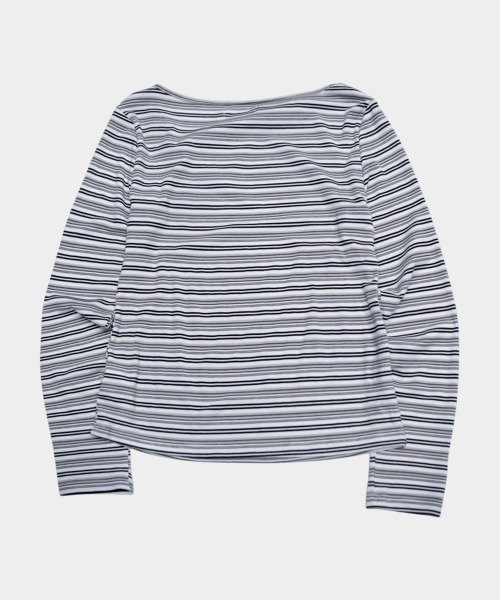 PLACE STUDIO（プレイススタジオ）の「マルチストライプ 斜めアイレットディテール コットン ロングスリーブ ウィメンズ Tシャツ [ブラック]（Tシャツ/カットソー・レディース・ブラック・FREE）」の2枚目の写真