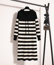 フード付き ボーダー柄 ニットワンピース