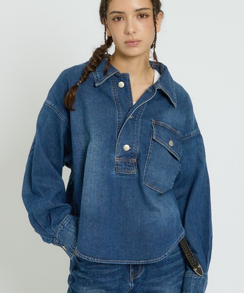 Healthy denim(ヘルシーデニム)の「【Healthy denim / ヘルシーデニム】Roti/デニムシャツ/スキッパーシャツ/秋冬カラー【WEB限定】(シャツ/ブラウス・レディース・ダークネイビー・フリー)」の1枚目の写真