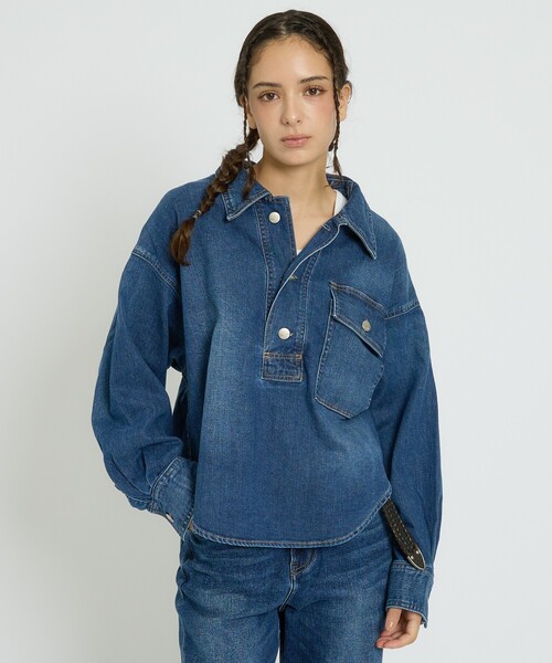Healthy denim(ヘルシーデニム)の「【Healthy denim / ヘルシーデニム】Roti/デニムシャツ/スキッパーシャツ/秋冬カラー【WEB限定】(シャツ/ブラウス・レディース・ダークネイビー・フリー)」の3枚目の写真