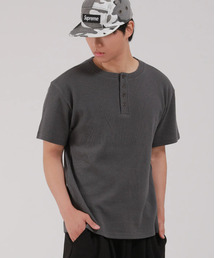 ベーシックヘンリーネックワッフル半袖Tシャツ_チャコール
