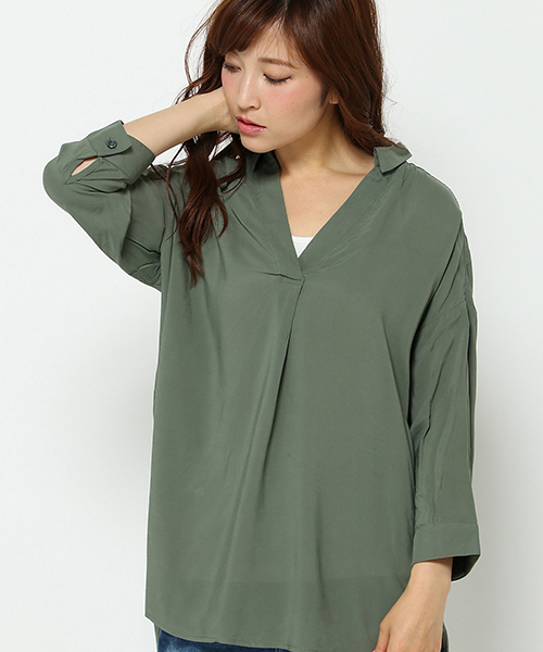 VENCEEXCHANGE（ヴァンスエクスチェンジ）の「レーヨン7分スキッパーシャツ      （シャツ/ブラウス・レディース・ホワイト/ピンク/オフホワイト/ダークグリーン・MEDIUM）」の3枚目の写真