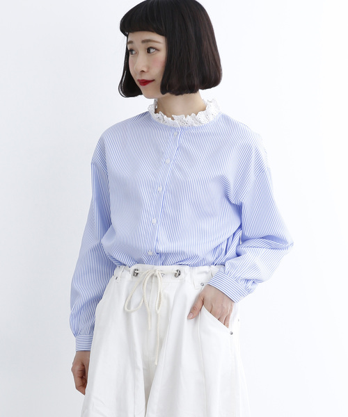 MERLOT（メルロー）の「ストライプ柄レース襟ブラウス1223（シャツ/ブラウス・レディース・ライトブルー/ネイビー/グリーン・FREE）」の3枚目の写真