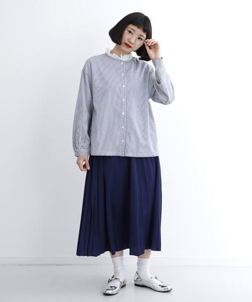 MERLOT（メルロー）の「ストライプ柄レース襟ブラウス1223（シャツ/ブラウス・レディース・ライトブルー/ネイビー/グリーン・FREE）」の13枚目の写真