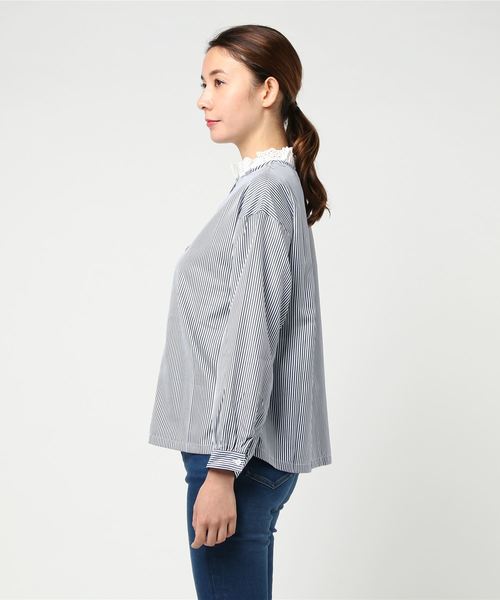 MERLOT（メルロー）の「ストライプ柄レース襟ブラウス1223（シャツ/ブラウス・レディース・ライトブルー/ネイビー/グリーン・FREE）」の11枚目の写真