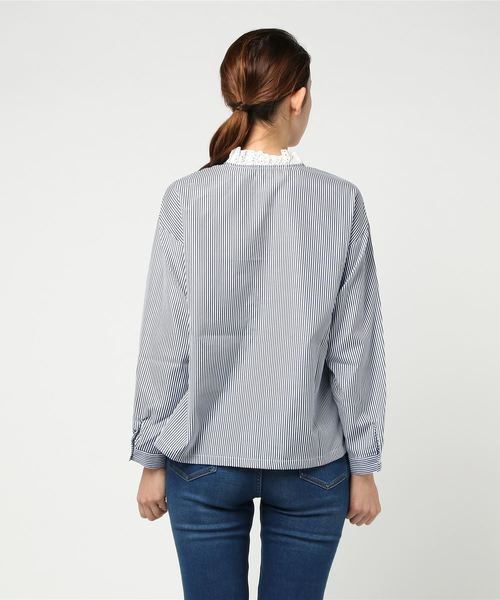 MERLOT（メルロー）の「ストライプ柄レース襟ブラウス1223（シャツ/ブラウス・レディース・ライトブルー/ネイビー/グリーン・FREE）」の6枚目の写真
