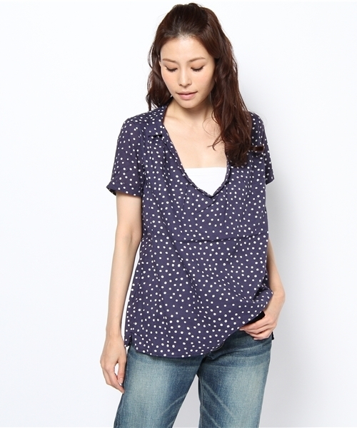 GLOBAL WORK(グローバルワーク)の「【GLOBAL WORK】Uネックプルオーバーシャツ/半袖(シャツ/ブラウス・レディース・イエロー/ブルー系その他/ネイビー/ホワイト・LARGE/MEDIUM/SMALL)」の3枚目の写真
