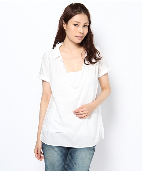 GLOBAL WORK(グローバルワーク)の「【GLOBAL WORK】Uネックプルオーバーシャツ/半袖(シャツ/ブラウス・レディース・イエロー/ブルー系その他/ネイビー/ホワイト・LARGE/MEDIUM/SMALL)」の2枚目の写真