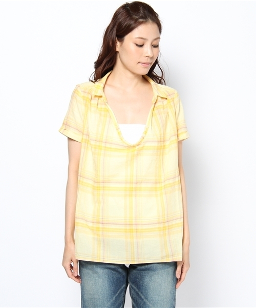 GLOBAL WORK(グローバルワーク)の「【GLOBAL WORK】Uネックプルオーバーシャツ/半袖(シャツ/ブラウス・レディース・イエロー/ブルー系その他/ネイビー/ホワイト・LARGE/MEDIUM/SMALL)」の5枚目の写真