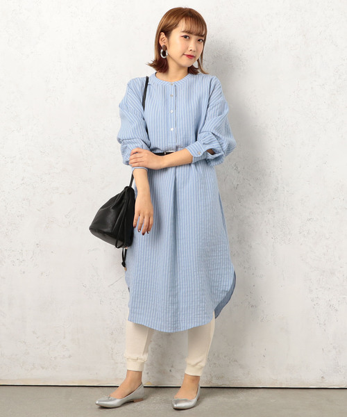Cheek（チーク）の「ストライプマオカラーシャツワンピース（シャツワンピース・レディース・ベージュ/サックスブルー/アイボリー・MEDIUM）」の3枚目の写真