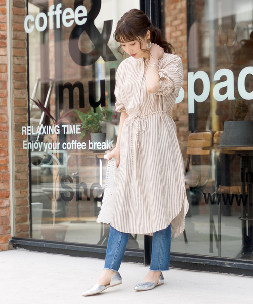 Cheek（チーク）の「ストライプマオカラーシャツワンピース（シャツワンピース・レディース・ベージュ/サックスブルー/アイボリー・MEDIUM）」の8枚目の写真