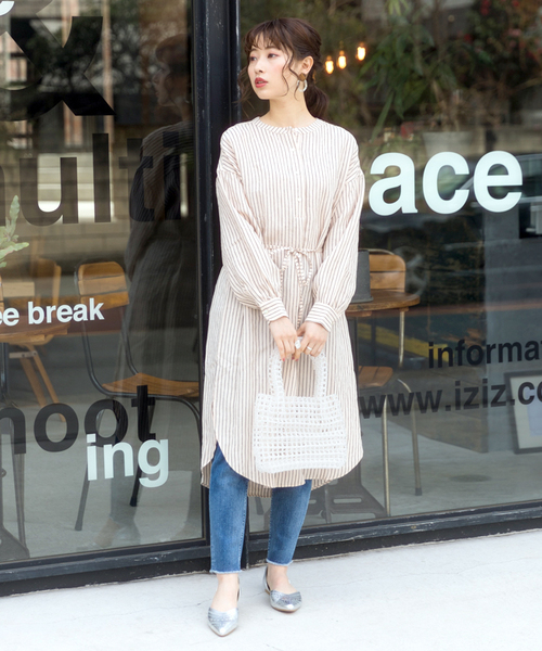 Cheek（チーク）の「ストライプマオカラーシャツワンピース（シャツワンピース・レディース・ベージュ/サックスブルー/アイボリー・MEDIUM）」の7枚目の写真