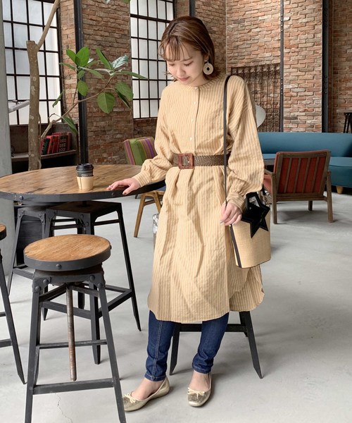 Cheek（チーク）の「ストライプマオカラーシャツワンピース（シャツワンピース・レディース・ベージュ/サックスブルー/アイボリー・MEDIUM）」の6枚目の写真