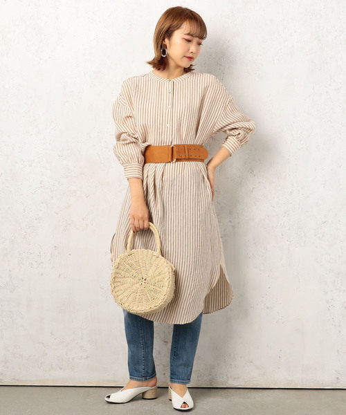 Cheek（チーク）の「ストライプマオカラーシャツワンピース（シャツワンピース・レディース・ベージュ/サックスブルー/アイボリー・MEDIUM）」の15枚目の写真